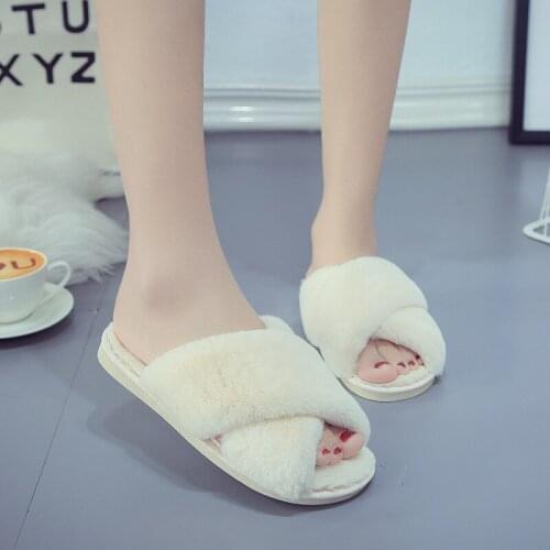 Winter Women House Slippers Faux Fur Warm Flat Shoes Female Slip on Home Furry Ladies Slippers Size 36-43