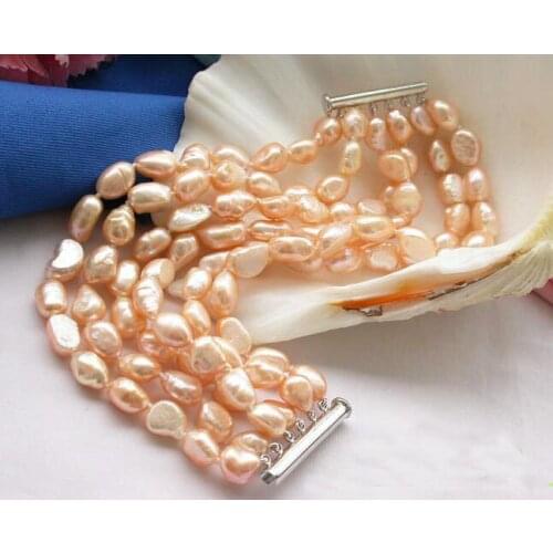 Unique Pearls jewellery Store 6row 8'' Pink Baroque Freshwater Cultured Pearl Bracelet Charming Women Jewelry Gift