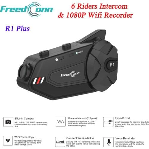 Freedconn R1 Plus 1080P Wifi Video Recorder 1000m Motorcycle Intercom Headset Logger 6 Riders Talking Group Interphone Recorder