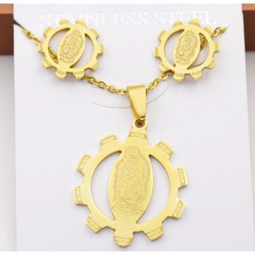 316L Stainless Steel Jewelry Wedding Party,Virgin Mary Sun G Printing Pendant Necklace set jesus earring pendant gift