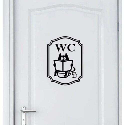 Funny Cat Toilet Sign Wall Stickers Small Interior Room Home Decor WC Sign Vinyl Toilet Door Art Removable Mural Decals HY1955