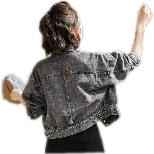 Spring and Autumn Womens Womens Fashion Harajuku Denim Jacket Loose Long Sleeve Casual Short Coat