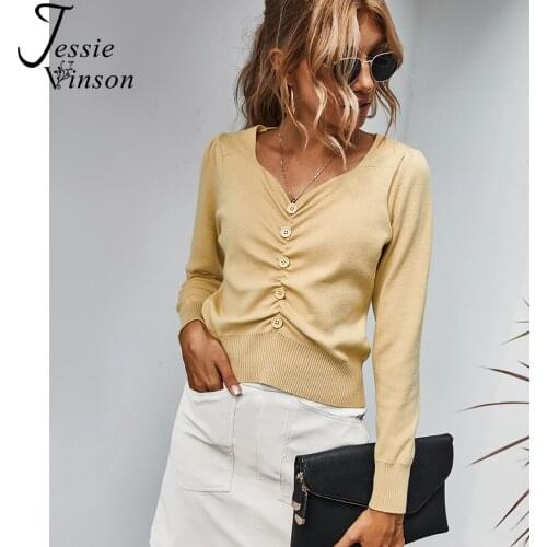 Jessie Vinson Long Sleeve V-neck Pullover Knit Sweater Women Elegant Pleated Buttons Sweater Jumper Autumn Winter Knitwear Tops