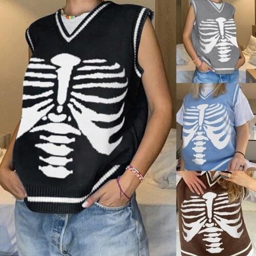 Gothic Skull Print Y2K Sweaters Fashion Women Pullover V Neck Knitted Sweater Vest Vintage Jumpers Tops Loose Jumper Tank Top