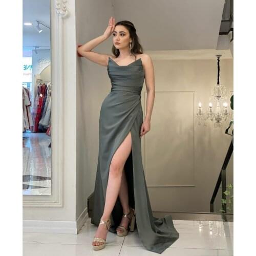 Sexy Sleeveless Pleated Top Satin Evening Dresses with Slit A-Line Corset Back Abendkleider Robes De Soirée for Women