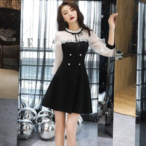 Summer Three Quarter sleeve button Lace up Lotus leaf collar A-line Simple white women daily wear Cocktail Dresses 9354