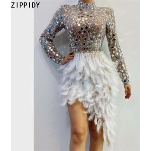 Bling Silver Sequins Stones Feather Transparent Dress Womens Prom Birthday Celebrate Dress Latin Dance Short Dress
