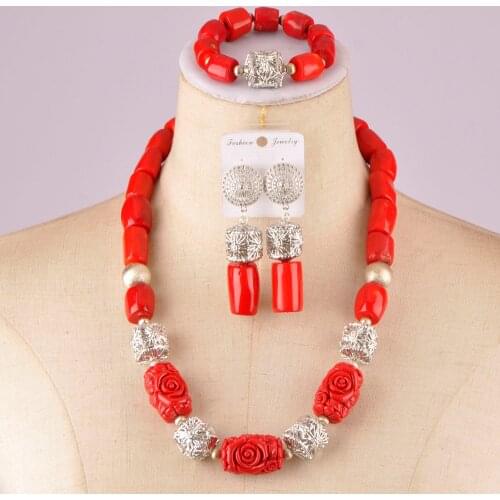 Flash red nigerian coral beads african wedding coral necklace jewelry set C21-6-04