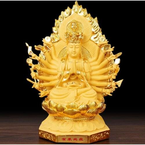 Buddhism Golden Thousand Hands Guanyin Resin Statue Home Study Office Ornaments Housewarming Christmas Gifts Decorations