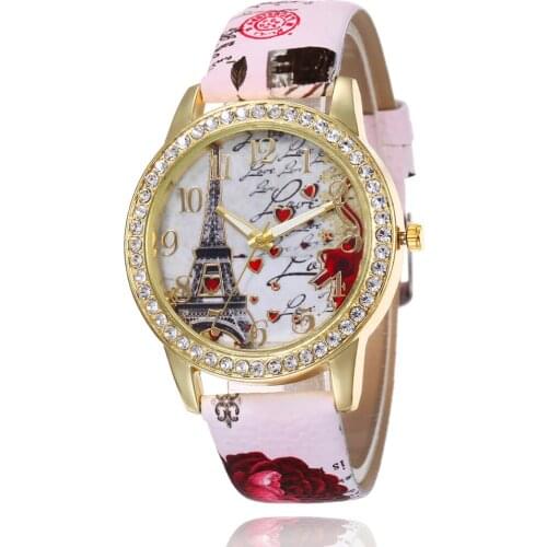 Geneva New Womens Watch Tower Pattern Rhinestone Leather Band Analog Quartz Vogue Wrist Watches Wristwatches For Women