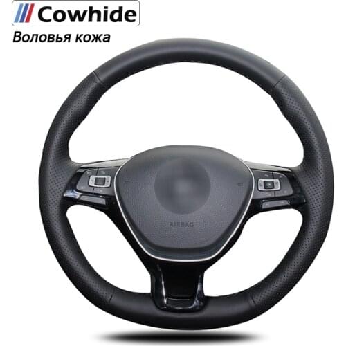 Black Genuine Leather Car Steering Wheel Cover for Volkswagen VW Golf 7 Mk7 New Polo Passat B8 Tiguan Sharan Jetta