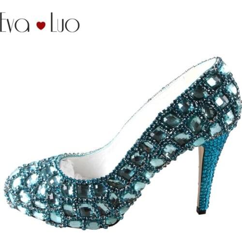 CHS416 Custom Made Turquoise Crystal Bridal Wedding Shoes Dress Pumps High Heels Platform Women Shoes Pumps DHL