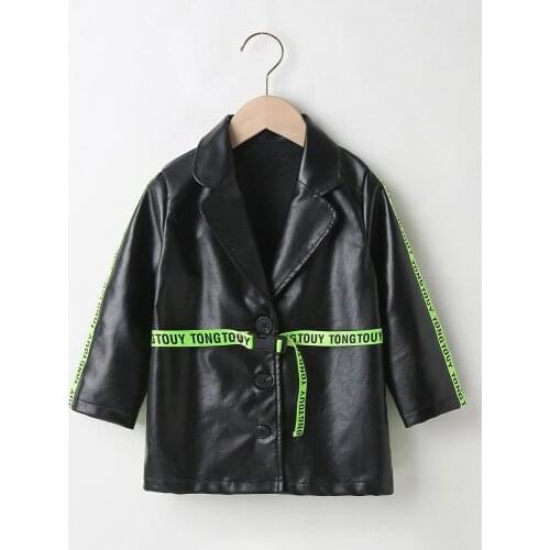 Spring Autumn Girls Pu Jacket Baby Coat Toddler Outwear Kids Clothes Fashion Faux Green Woven Tape Waistbelt 2 To 6 Yrs