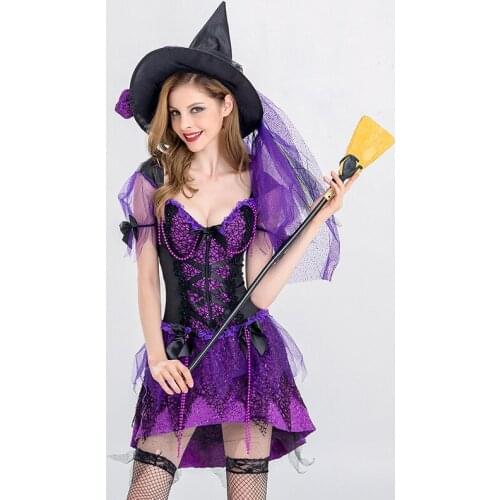 Purple Adult Deluxe Sexy Witch Costume Masquerade Party Magic Sorceress Fancy Dress Hat Victorian Halloween Costumes For Women