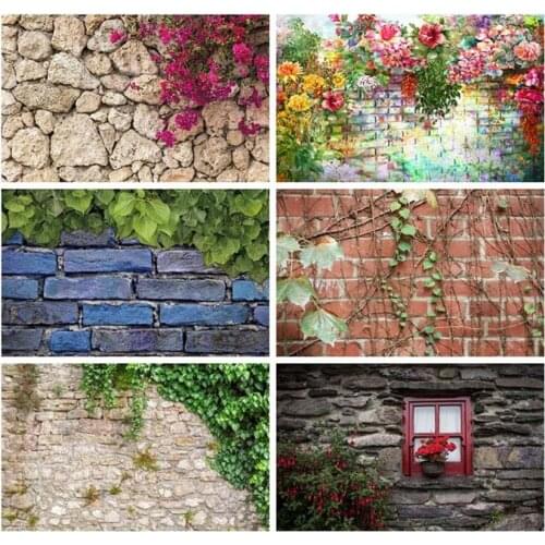 Laeacco Brick Wall Flowers Grass Grunge Portrait Baby Birthday Photo Backdrop Photography Backgrounds Wedding Photocall Studio