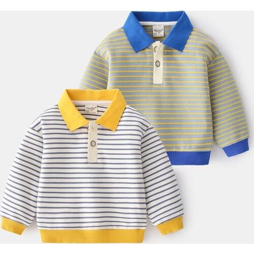 Boys Striped Lapel Navy Sweatshirt Spring 2021 New Baby Loose Long Sleeve T-shirt Two-color Casual Pullover Two-Button Top