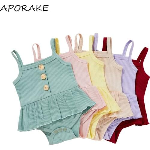 2021 0-18M Sweet Toddler Girl Summer Jumpsuit Solid Color Button Square Collar Ribbed Spaghetti Strap Sleeveless Romper Dress