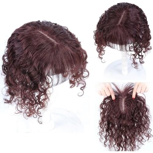 Curly Hair Topper Hairpieces with Bangs for Women Machine Made Silk Base Human Hair Clip in Crown Toppers for Thinning Hair