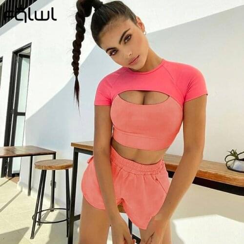 FQLWL Summer Streetwear 2 Two Piece Sets Tracksuit Women Outfits Hollow Out Crop Top Skinny Shorts Suits Patchwork Maching Sets