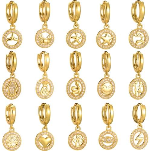 One pair Gold Color Earrings Round Copper Micro Pave Cubic Zirconia Rose Gold Color Lighting Eyes Heart Earring For Women