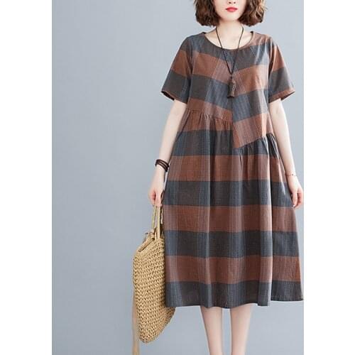 Uego Print Plaid Short Sleeve Loose Summer Dress Cotton Linen O-neck Vintage Dress Plus Size Women Holiday Casual Midi Dress