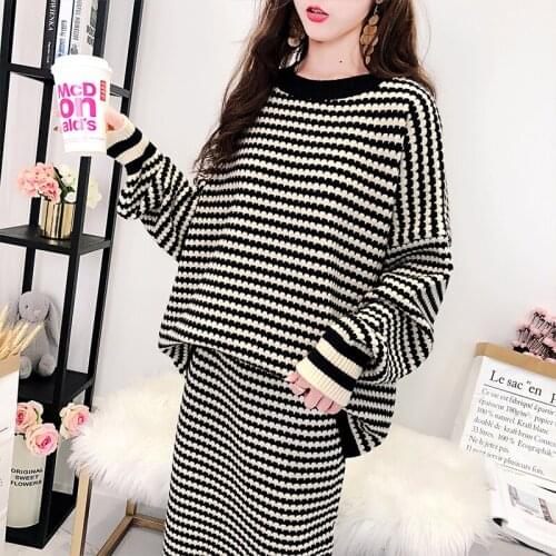 Striped Thickened Pullover Sweater Womens Autumn New Loose Style Knitted Two Piece Set