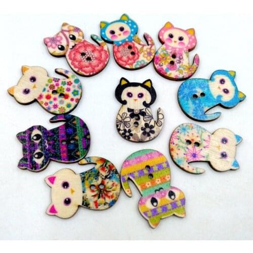 100pcs/lot 20x30mm Wooden Painting Buttons Cute Cat Shape Decorative Sewing Buttons 2 Holes Scrapbooking Crafts DIY