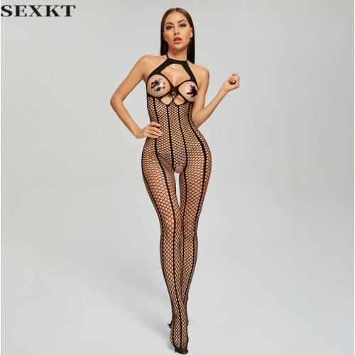 Sexy Sexy Halter Dew Low-Cut Hole Fishnet One-Piece Hollowed-out and Crotchless Fishnet Clothes Pajamas Bodysuits Open Crotch