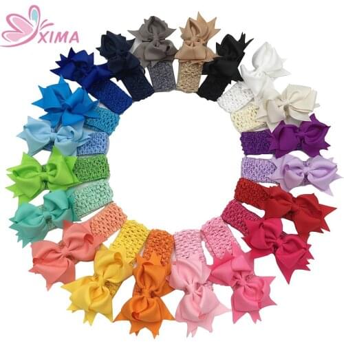 XIMA 20pcs/lot 4"Grosgrain Hair Ribbon Bows with Crochet Headbands Hairbands Elastic Headbands for Girls