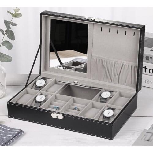 11 Slots Watch Display Protective Box PU Case Jewelry Ring Packaging Organizer Storage Tray with Mirror LL@17