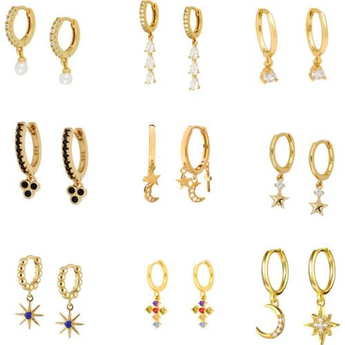 AIDE Small Cross Hoop Pendant Earrings For Women 925 Sterling Silver Moon Star Earring Earrings Gold Korean Jewelry Pendientes