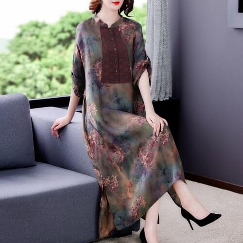 Women Boho 6XL Plus Size Print Satin Maxi Dress 2021 Summer Vintage Loose Mulberry Silk Midi Dress Elegant Bodycon Party Vestido