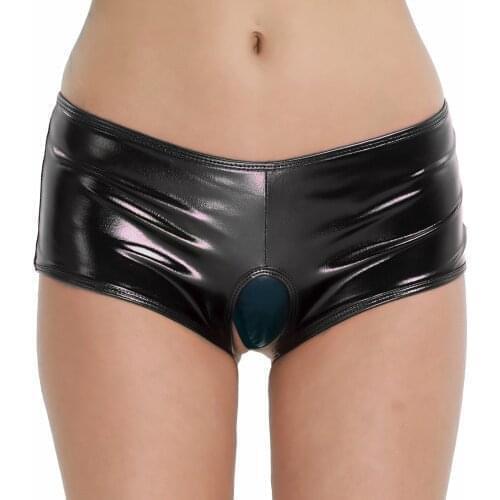 Women Lingerie Underwear Low Waisted Elastic Waistband Underpants Brief Wetlook Faux Leather Open Butt Crotchless Bikini Panties