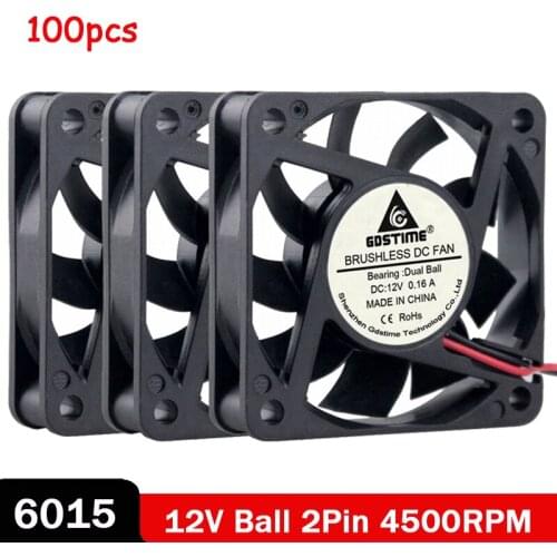 100PCS Gdstime 6cm 6015 DC 12V Brushless 2PIN Ball Bearing Cooler Fan 60x60x15mm 60mm Computer PC CPU Cooling Fan High Speed