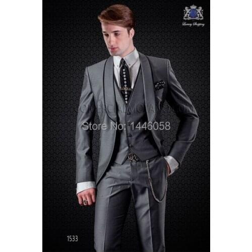 2018 Bespoke Mens Italian Design Suits Slim Fit Sliver Grey Men Wedding Suit Tuxedos For Men Groomsmen Prom Suits 3 Piece