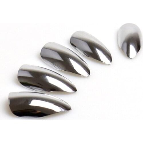 24pc Metallic Mirror False Nail Tips Stiletto Faux Ongles Artificial Metal Plating Medium Full Cover Sliver Punk Style Fake Nail