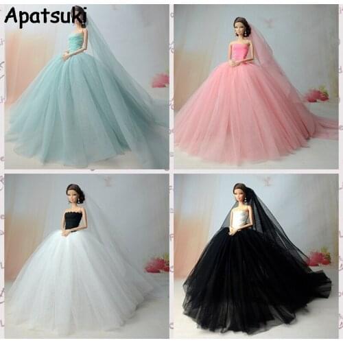 4pcs/lot Handmade Doll Dresses For Barbie Doll 1/6 Doll Accessories Long Tail Evening Gown Clothes Lace Wedding Dress +Veil