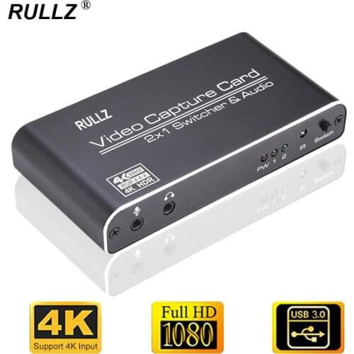 4K 2x1 HDMI-compatible Switch 1080p Audio Video Capture Card USB 3.0 Record Plate PC Game Live Streaming Device Mic In TV Loop