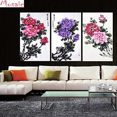 Diy Diamond painting cross stitch Home decor Chinese painting fine art original watercolor peony 3pcs diamond embroidery crafts