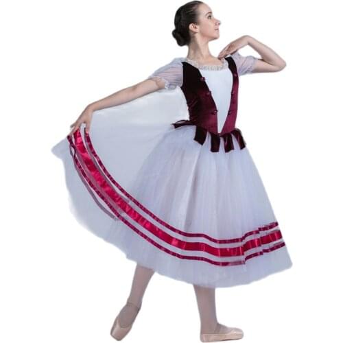 Burgundy velvet top bodice Ballet Costumes White tulles with ribbon tutu Romantic Ballet Tutu Girl and women ballet tutu