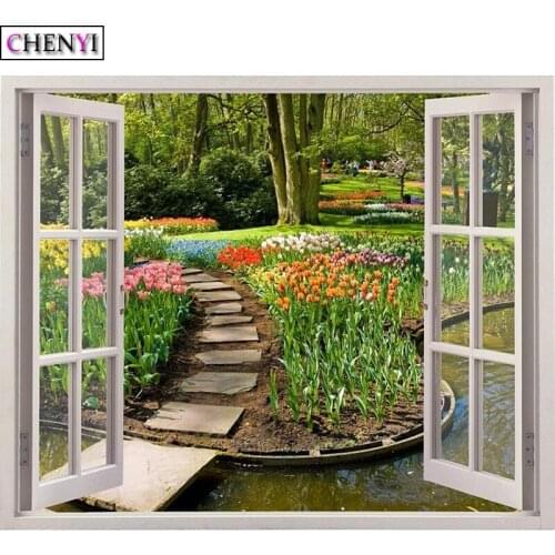 CHENYI 5D DIY Embroidery Diamond Painting Tulip Outside the Window Diamond Mosaic Full Square Decor Home Picture Of Rhinestones