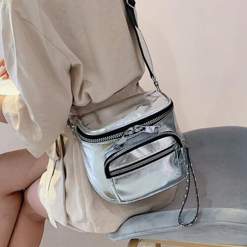 Glossy Wide strap Women shoulder bag designer rivet crossbody bags for female Handbags silver black