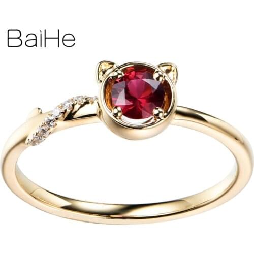 BAIHE Solid 14K Yellow Gold Flawless 0.20ct Natural Ruby Wedding Women Trendy Fine Jewelry Gift Exquisite cat ruby Ring