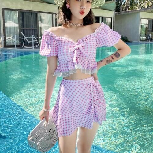 Swimsuit Women Summer 2021 Bikini With Shorts For Mayan Bath Little Plaid Skirt Ancient Tankini Hot Bathing Suit Polyester