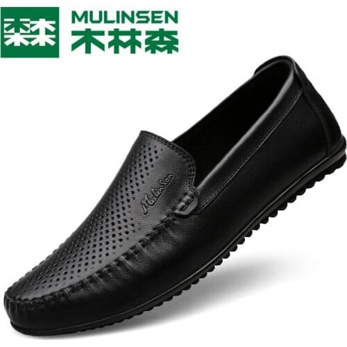 Mens Shoes Summer Hole Shoes Leather Soft Bean Mens Casual Shoes Lazy Shoes