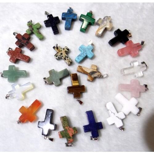 Natural stone Quartz Crystal tiger eye Opal lapis Turquoises Cross pendants for diy Jewelry making Necklaces Accessories50PCS A3