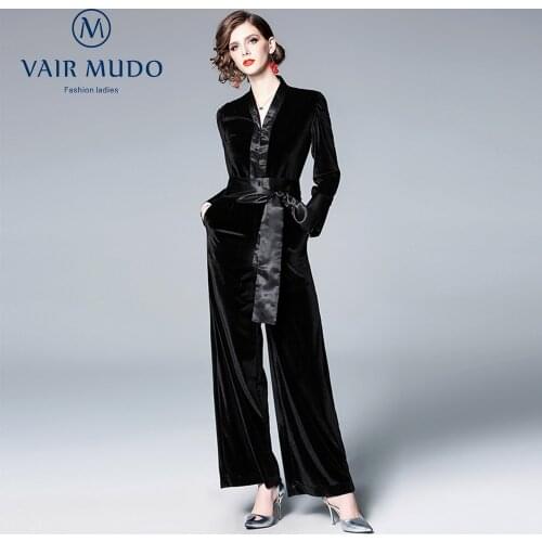 New women fashion elegant V-neck long-sleeved slim waist wide-legged velvet jumpsuit worker part Y-442