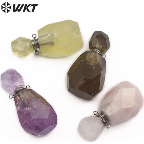 WT-P1486 Perfume Bottle Pendant Natural Stone Pendant Connector Smokey With Sliver Electroplated Double Hoops pendant