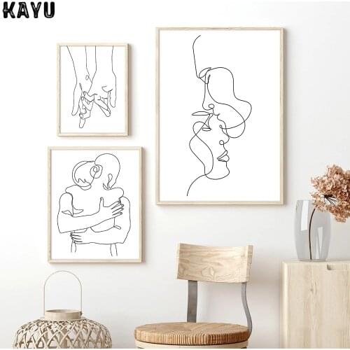Nordic Minimalist Figures Line Art Hold hands Body Embrace Wall Canvas Painting Drawing Posters Prints Decoration for Livingroom