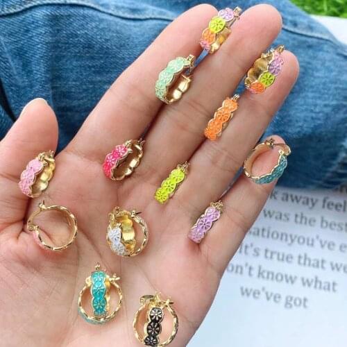 5Pairs Popular Colorful Brass Enamel Coated Figuratus Design Hoop Earrings Neon Color Piercing Jewelry For Women